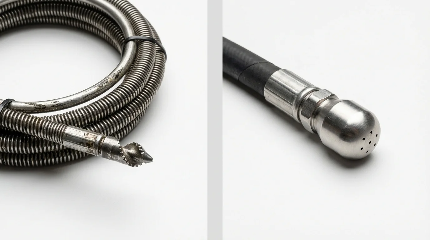 Drain snake cable and hydro jetting nozzle used for drain cleaning in Irvine, CA