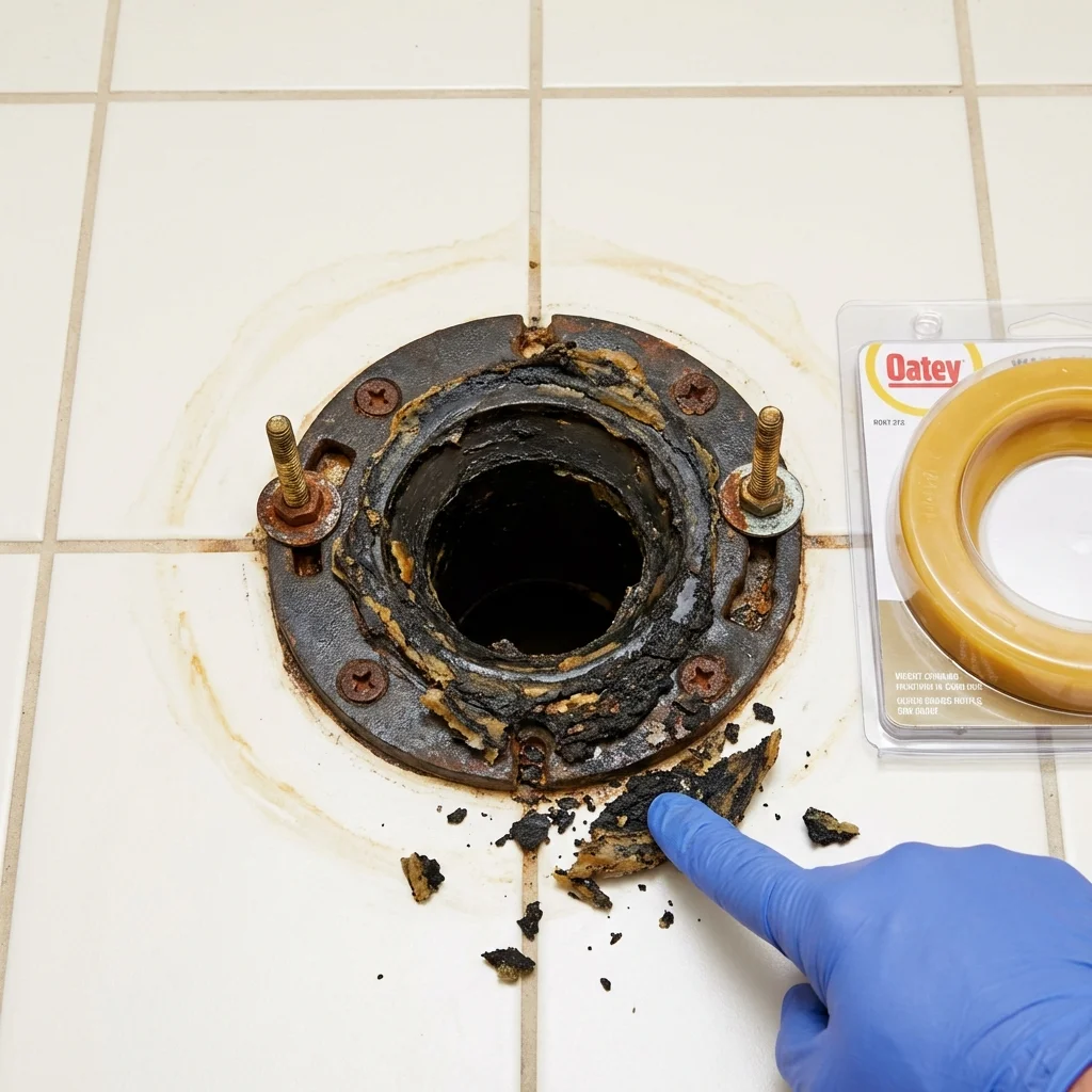 Failed wax ring showing water seepage at the base of a toilet in a Irvine, CA home