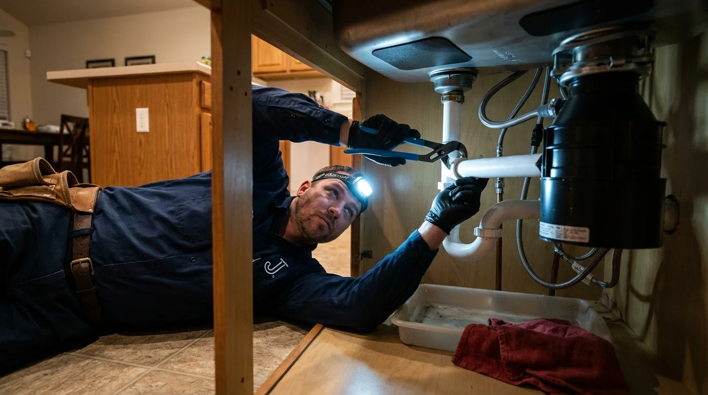 P-trap and supply line connections under a kitchen sink showing a common leak point in Irvine, CA
